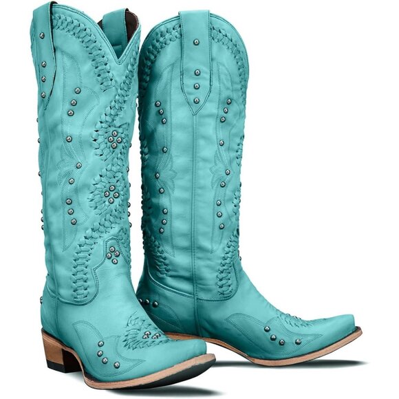 Shoes - Women's Blue Leather Embroidery Knee High Western Cowgirl Boots Lightweight